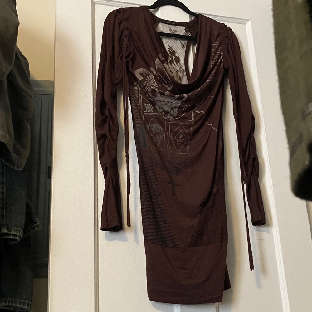 Salvage Brown Long-Sleeve Draped Graphic Dress